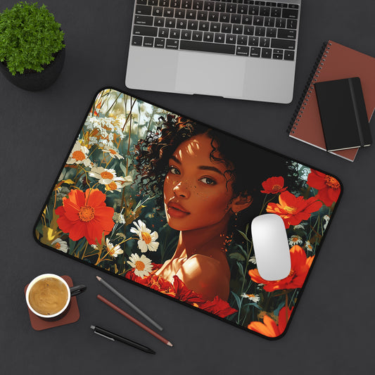 African American Flower Girl Desk Mat, Gaming Mouse Pad, Long Mouse Pad, Gift for Black Woman, Black Girl Mouse Pad